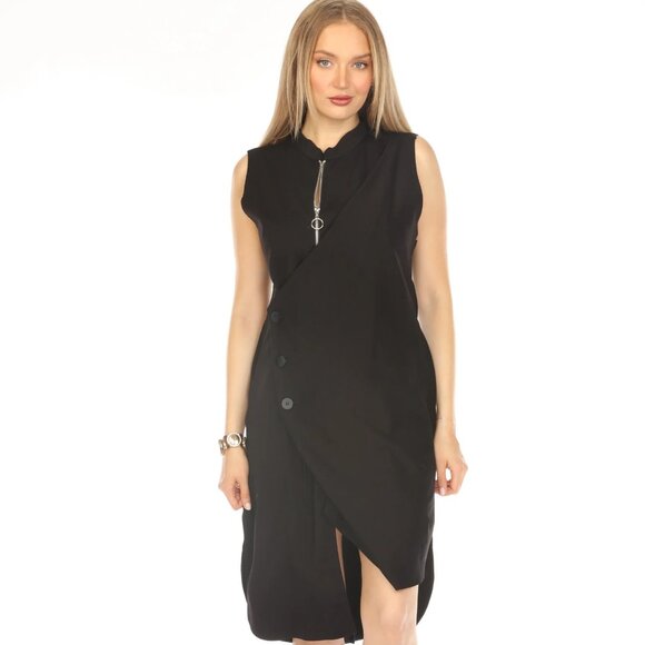 Black Button Detailed Dress With Zipper - Picture 1 of 5